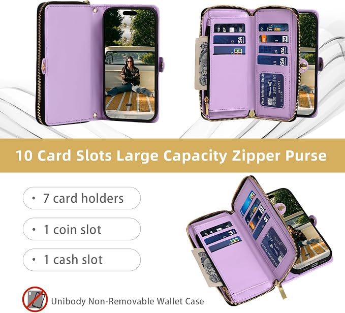 Rssviss Crossbody Case for iPhone 17 Pro Max Case Wallet, RFID Blocking Leather with Card Holder Kickstand, Handbag Zipper Flip Cover with Wrist Strap for iPhone 17 Pro Max Men Women 6.9", Purple