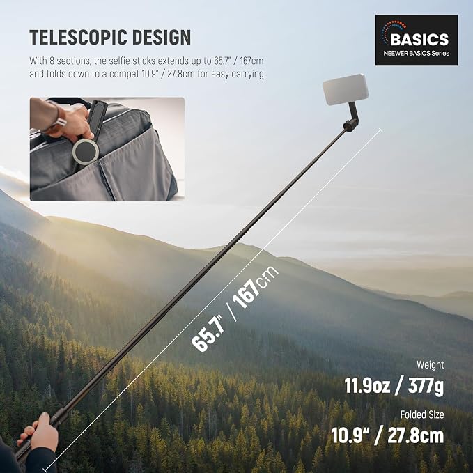 NEEWER Basics 5.48' Magnetic Selfie Stick Tripod Compatible with MagSafe iPhone Android, Portable Travel Cell Phone Stand with Remote, One Button Unfold for Vlog Video Recording Streaming, PA989
