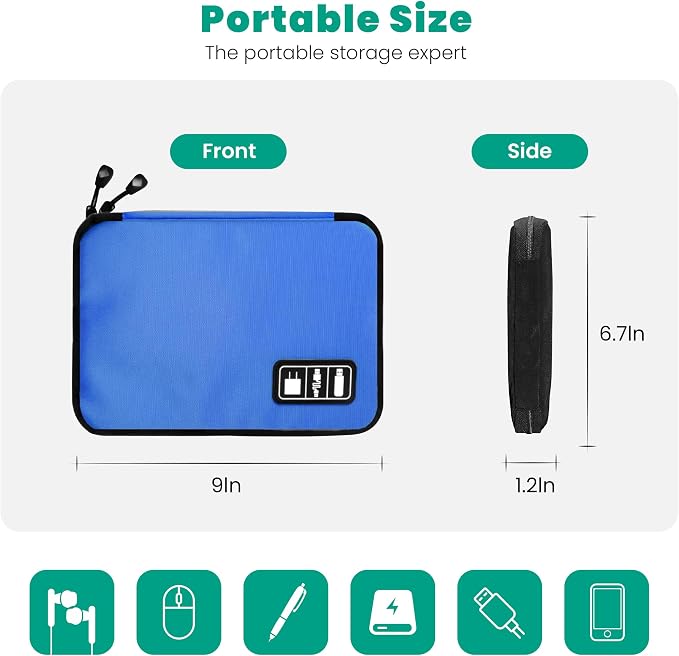 Cord Organizer Travel, Electronics Organizer Tech Pouch - Portable Cable Organizer Bag for Cords, Charger, Phone, SD Card, Power Bank for Travel & Daily Use -Royal Blue Green