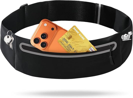 Slim Running Belt for Men Women - No-Bounce Phone Holder Waist Pack, Runners Fanny Pack with Sweat-Proof Pocket ，Travel Money Pouch for Gym/Hiking/Cycling (Black)
