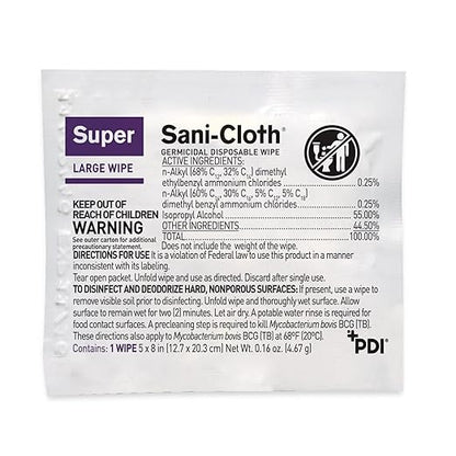 PDI Super Sani-Cloth Germicidal Disposable Wipe, Large, Individual, 5" x 8"