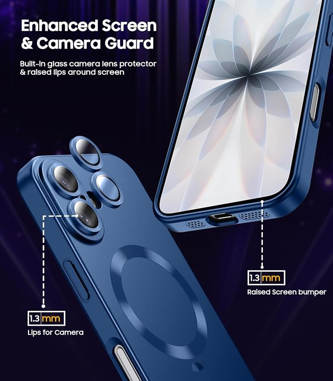 Magnetic for iPhone 17 Case [Compatible with MagSafe][Built-in Camera Lens Protector] Slim Thin Soft Silicone Bumper Shockproof Metallic Luster Phone Case (Blue)