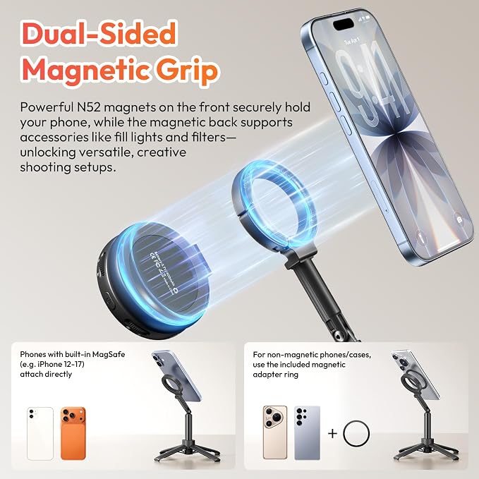 ULANZI MT71 Mini Magnetic Selfie Stick Tripod, Foldable & Lightweight, 180° Tilt, Compatible with iPhone 17-12 Series, with Adhesive Magnetic Ring for Desktop Shooting/Vlog/Selfie