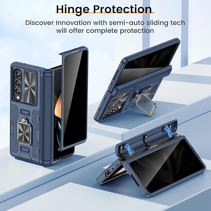 VEGO for Z Fold 4 Case with Built-in Privacy Screen Protector Hinge Cover | Full-Body Protection with Slide Camera Cover Kickstand Shockproof Hard Phone Case for Samsung Galaxy Z Fold 4-Blue