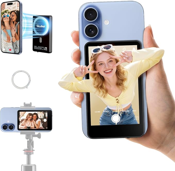 Rollei M4 Selfie Monitor Screen for iPhone 17 Series & Android, 4K Magnetic Back Camera Monitor 164FT Wireless Control, Vlog Screen for Live Streaming & Video Recording