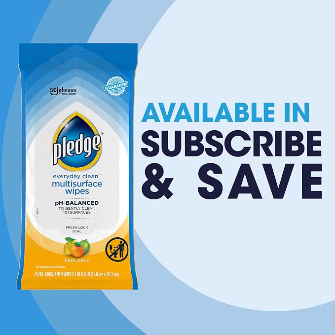 Pledge Multisurface Cleaning Wipes, pH Balanced, Fresh Citrus, 25 Count (Pack of 4, 100 Total Wipes)