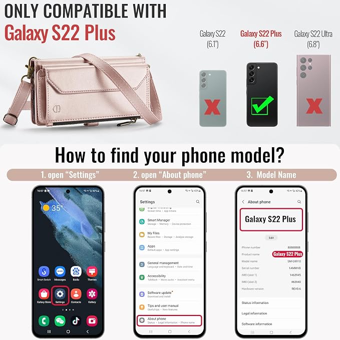 Strapurs Crossbody Wallet Case Compatible with Samsung Galaxy S22 Plus RFID Blocking Card Holder Soft PU Leather Magnetic Snap Strap Zipper Pocket Phone Case Fit for Galaxy S22+/ S22 Plus - Rose Gold
