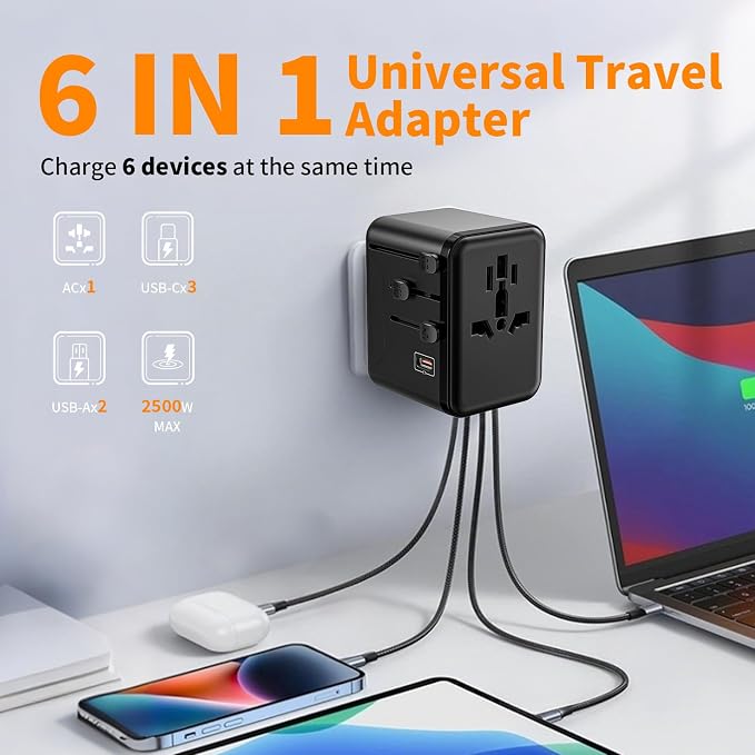 CC Store Universal Travel Adapter,European Travel Plug Adapter with 3 USB-C(35W) ＆ 2 USB-A Ports(Not a Voltage Converter) – for USA, UK, EU, AU ＆ 224+ Countries Black