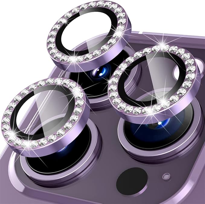 Suoman for iPhone 14 Pro Max / 14 Pro Camera Lens Protector, [Diamonds Bling] 9H Tempered Glass, Full Coverage Metal Protective Cover - Diamond Purple