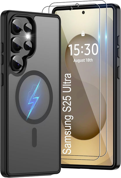 For Samsung Galaxy S25 Ultra Case [Compatible with Magsafe] Translucent Matte Magnetic S25 Ultra Phone Case,SlimThin Duty Shockproof Protection Cover with 2pc HD Screen Protector for S25 Ultra-Black