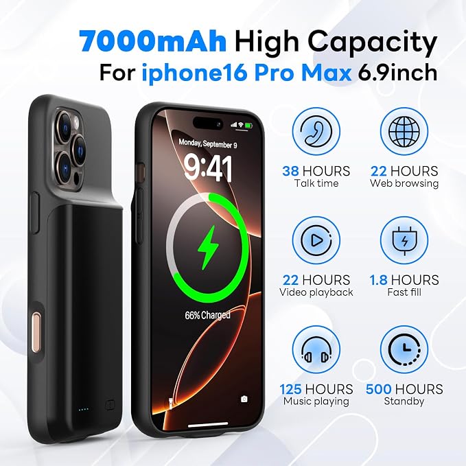 Ultra-Slim Battery Case for iPhone 16 Pro Max(6.9 inch),Charging Case Charger 7000mAh Rechargeable Portable Extended Charger Case Cover w/Tempered-Glass Protector - Black