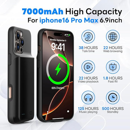 Ultra-Slim Battery Case for iPhone 16 Pro Max(6.9 inch),Charging Case Charger 7000mAh Rechargeable Portable Extended Charger Case Cover w/Tempered-Glass Protector - Black