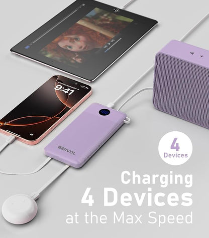 Portable Charger with Built in Cables, Slim 10000mAh Power Bank, USB C Battery Pack Travel, 4 Output 2 Input External Charging Bank for iPhone 17/16/15/14/13,Samsung, Android, etc-Purple(1 Pack)
