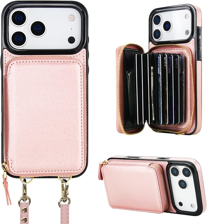 Bocasal Crossbody Wallet Case for iPhone 17 Pro Max, RFID Blocking Leather Purse Case with Card Holder, Protective Handbag Flip Cover with Zipper Wrist Strap Lanyard for Women 5G 6.9 Inch (Rose Gold)