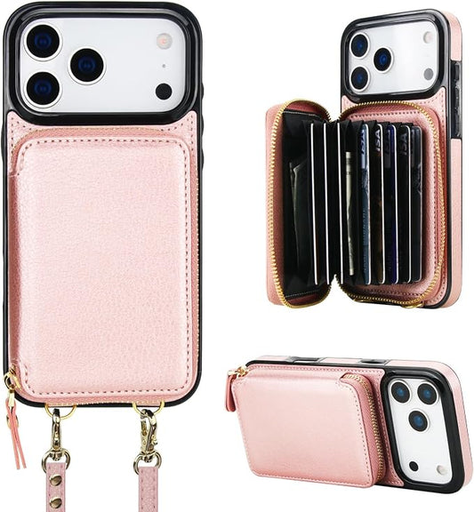Bocasal Crossbody Wallet Case for iPhone 17 Pro Max, RFID Blocking Leather Purse Case with Card Holder, Protective Handbag Flip Cover with Zipper Wrist Strap Lanyard for Women 5G 6.9 Inch (Rose Gold)