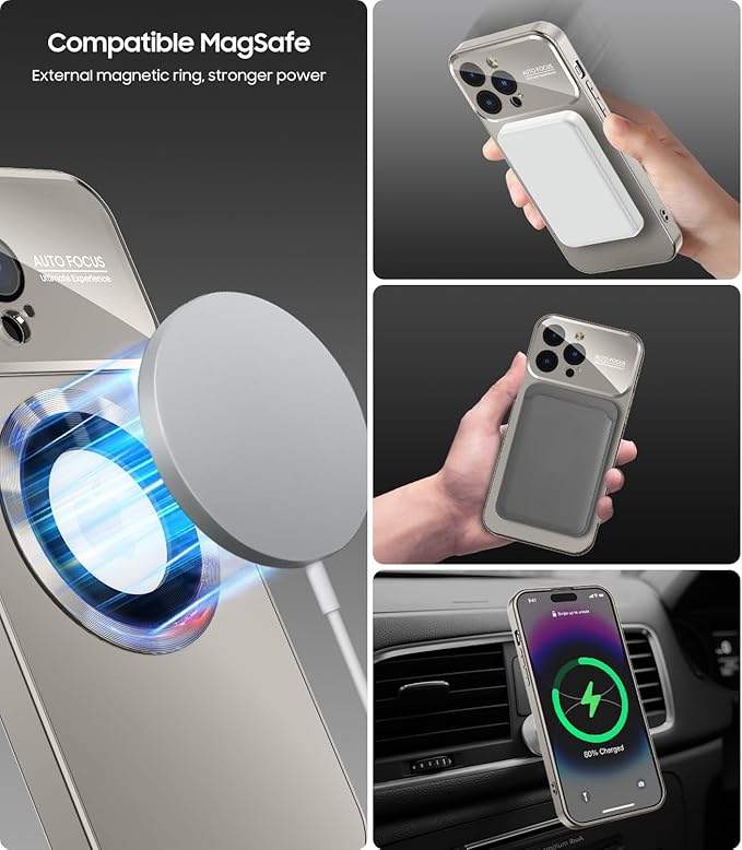 Magnetic for iPhone 15 Pro Max Case, Compatible with MagSafe, Built-in Camera Lens Protector, Logo View, Military Grade Drop Proof Phone Cover, Titanium Gray