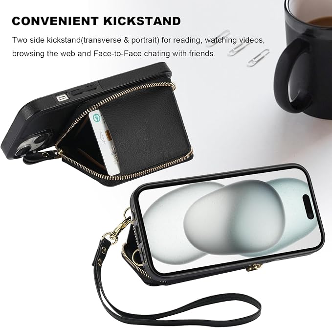 Bocasal RFID Blocking Wallet Case for iPhone 15, Adjustable Crossbody Zipper Purse Case Card Holder with Kickstand Detachable Wrist Strap, PU Leather Flip Folio Case 6.1 Inch 5G (Black)