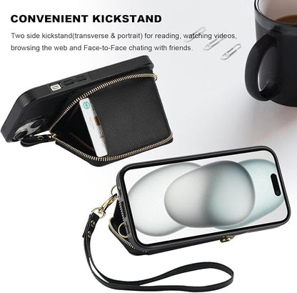 Bocasal RFID Blocking Wallet Case for iPhone 15, Adjustable Crossbody Zipper Purse Case Card Holder with Kickstand Detachable Wrist Strap, PU Leather Flip Folio Case 6.1 Inch 5G (Black)