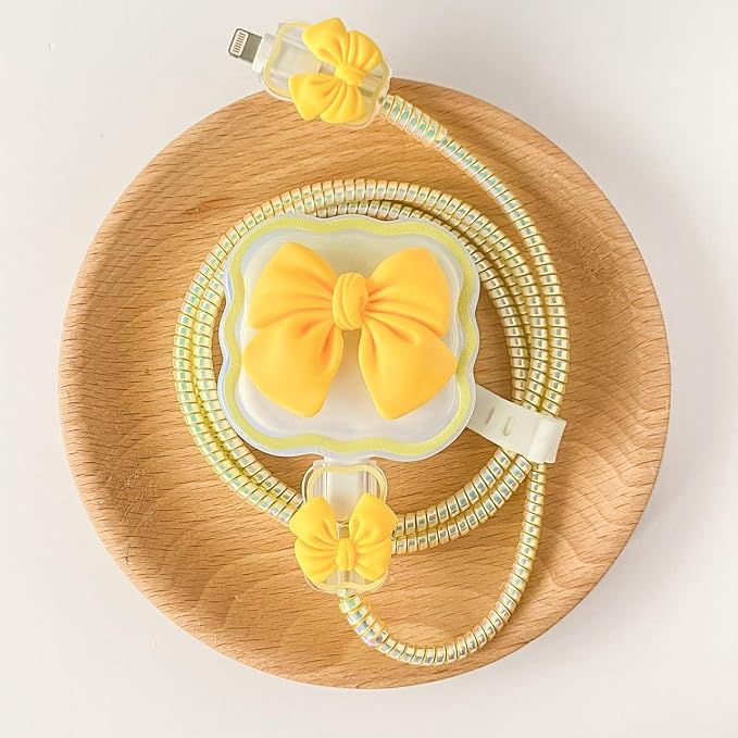 Compatible with Apple iPhone 18W/20W USB-C Charger Cover Cute Yellow Bow Soft Charger Protector Kawaii Cable Saver for iPhone 14 15 16 Pro Max Fast Power Adapter