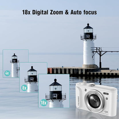 Digital Camera, 4K Vlogging Camera with 64MP, Point and Shoot Digital Cameras with 18X Zoom, Anti-Shake, Mode Dial, 32GB SD Card, Card Reader, Charger, Compact Small Cameras, Off White