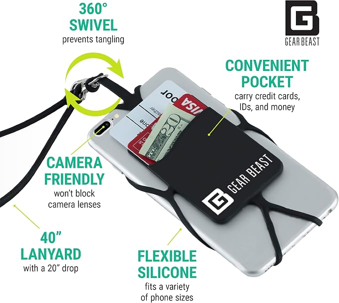 Gear Beast Cell Phone Lanyard - Universal Neck Phone Holder w/Card Pocket and Silicone Neck Strap (Black)