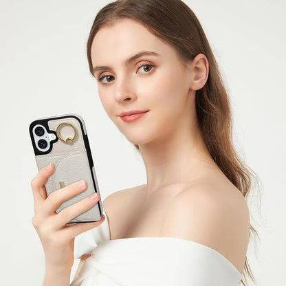 Keallce Wallet Case for iPhone 16 Plus 6.7'', Flip Case with Card Slots, Ring Holder Kickstand, PU Leather Protective Folio Cover for Women, Beige