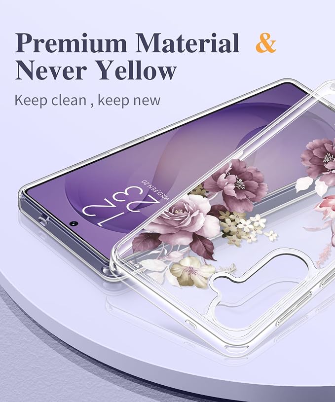 GVIEWIN for Samsung Galaxy S26 Case, Clear Floral Slim Shockproof Protective Women Phone Case, Non-Yellowing, with Screen Protector & Camera Lens Protector for Galaxy S26 6.3", Cherry Blossoms/Purple