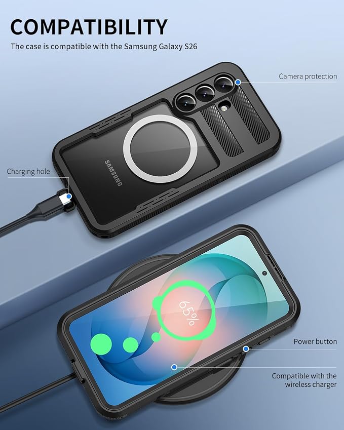 Lanhiem Magnetic for Samsung Galaxy S26 Case, IP68 Waterproof Dustproof Case, [Compatible with Magsafe] [Built-in Screen Protector] Full Body Heavy Duty Rugged Phone Cover 6.3 inch, Black/Clear