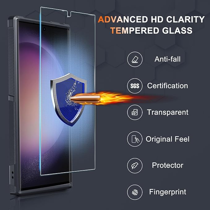 RMOCR Case for Samsung Galaxy S25 Ultra, Full Body Heavy Duty Rugged Shockproof Protective Phone Cover with Lanyard Strap, Tempered Glass Screen Protector and Camera Lens Cover, Black Matte