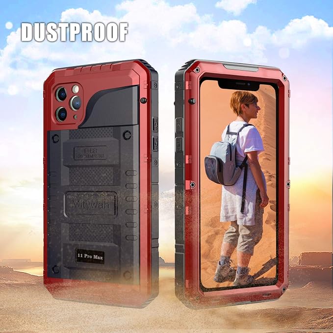 Mitywah Waterproof Case for iPhone 11 Pro Max, Heavy Duty Military Grade Shockproof Cover Built-in Screen Protection, Rugged Thick Full Body Protect Metal Case for iPhone 11 Pro Max, Red