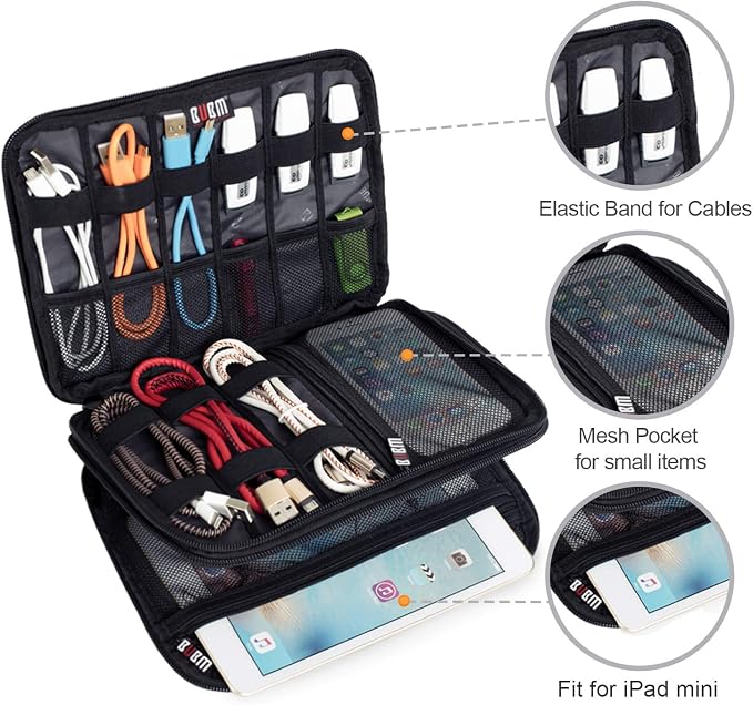 BUBM Double Layer Electronic Accessories Organizer, Travel Gadget Bag for Cables, USB Flash Drive, Plug and More, Perfect Size Fits for iPad Mini (Medium, Black) | Travel Gadget Bag for Cables, USB Flash Drive, Plug and More, Perfect Size Fits for iPad...