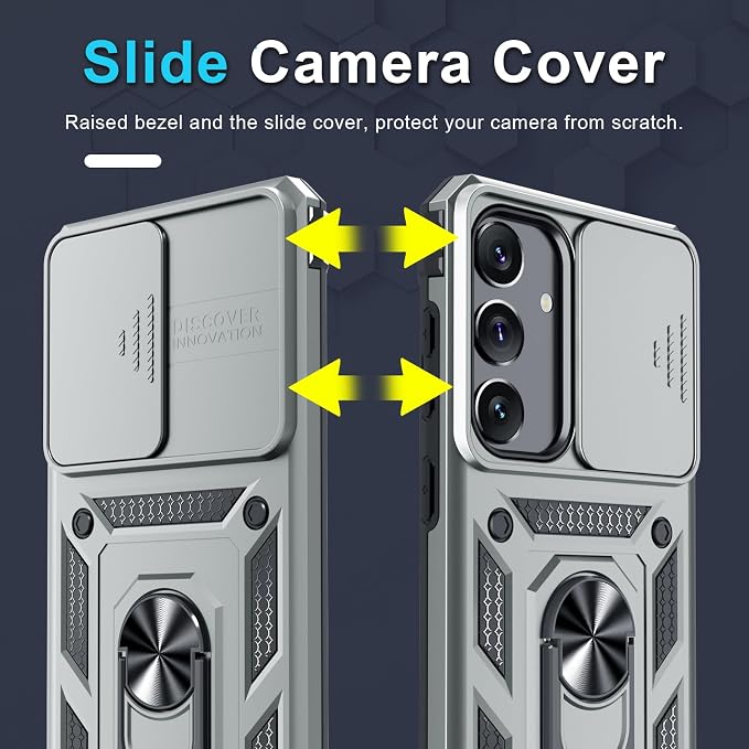 Janmitta Compatible with Samsung Galaxy S25 Plus/S24 Plus Case Built in Slide Camera Lens Cover+Screen Protector+Finger Ring Holder Kickstand,Heavy Duty Shockproof Full Body Phone Cover,Silver