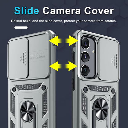 Janmitta Compatible with Samsung Galaxy S25 Plus/S24 Plus Case Built in Slide Camera Lens Cover+Screen Protector+Finger Ring Holder Kickstand,Heavy Duty Shockproof Full Body Phone Cover,Silver