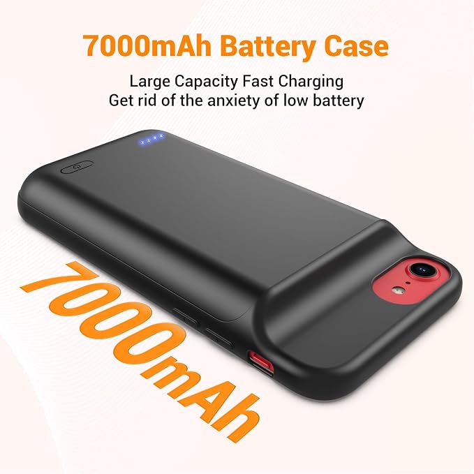 Battery Case for iPhone iPhone 8/7/6s/6/SE 3/SE 2 (4.7-inch), Upgraded High Capacity 7000mAh Rechargeable Battery Pack Charger Case with External Charging Function and Tempered Glass Screen Protector