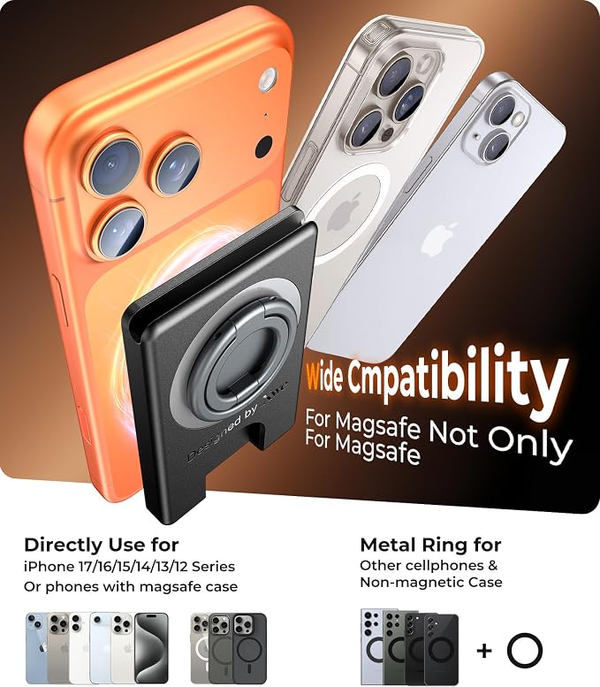 Compatible with Magsafe Wallet 3 Cards Holder [20X Strong Magnet] Magnetic Phone Grips Stand Mount Dual Ring 360° Rotation Desk Cellphone Fits for iPhone 17/16/15/14/13/12 Pro Max