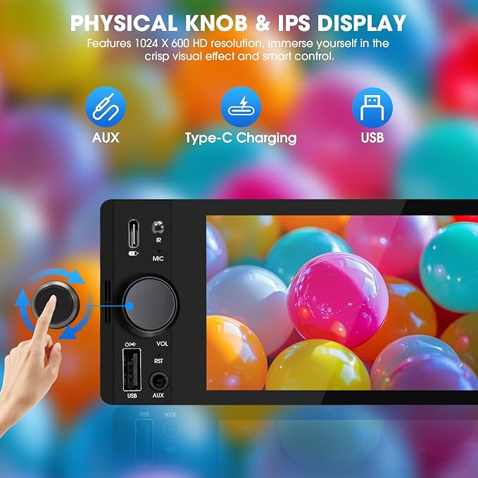 Single Din CarPlay Stereo Receiver: 6.5 Inch Android Auto Touchscreen - Bluetooth MirrorLink IPS Display AM FM Radio Type-C Charge USB AUX-in HD Backup Camera Input Audio Output