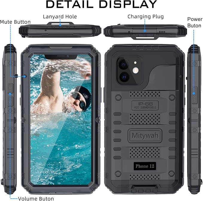 Mitywah Waterproof Case for iPhone 12, Heavy Duty Shockproof Case with Built-in Screen Protector, Full Body Underwater Protective Metal Case 6.1 inch, Black
