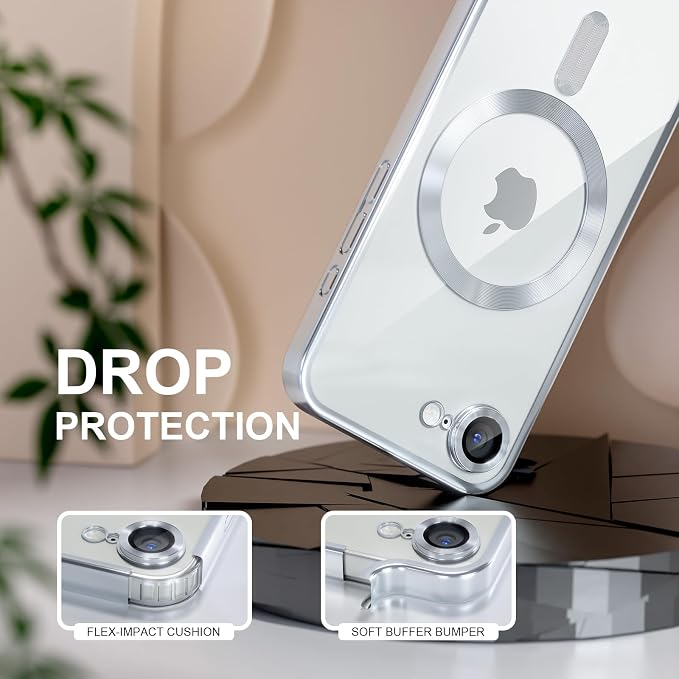 Misea Magnetic for iPhone 17e / 16e Case Compatible with MagSafe [Never Yellowing] [Military Grade Drop Protection] Full Camera Lens Protector Plating Soft Clear Phone Case for Women 6.1 inch, Silver