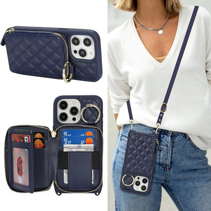 Crossbody Wallet Case for iPhone 14 Pro Max, PU Leather Zipper Handbag Purse Flip Cover, Kickstand Folio Case with Card Slots Holder Wrist Strap Lanyard 5G 6.7 Inch-Blue