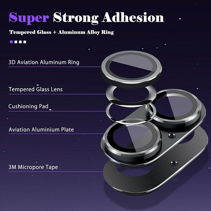 Camera Lens Protector for iPhone 16 / iPhone 16 Plus Camera Lens Protector [Strong Adsorption] [Not Easy to Break] Metal Tempered Glass Rear Camera Screen Cover - Black