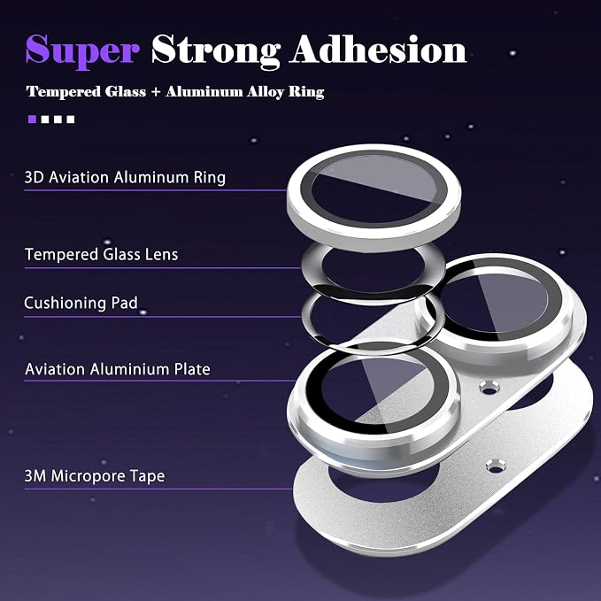 Camera Lens Protector for iPhone 16 / iPhone 16 Plus Camera Lens Protector [Strong Adsorption] [Not Easy to Break] Metal Tempered Glass Rear Camera Screen Cover - Silver
