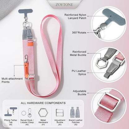 Phone Lanyard Crossbody with 2 Phone Tabs, Adjustable Anti Theft Phone Strap for iPhone & Android, Universal Skin-Friendly Cell Phone Neck Lanyard for Travel Hiking Cycling Shopping (Pink)
