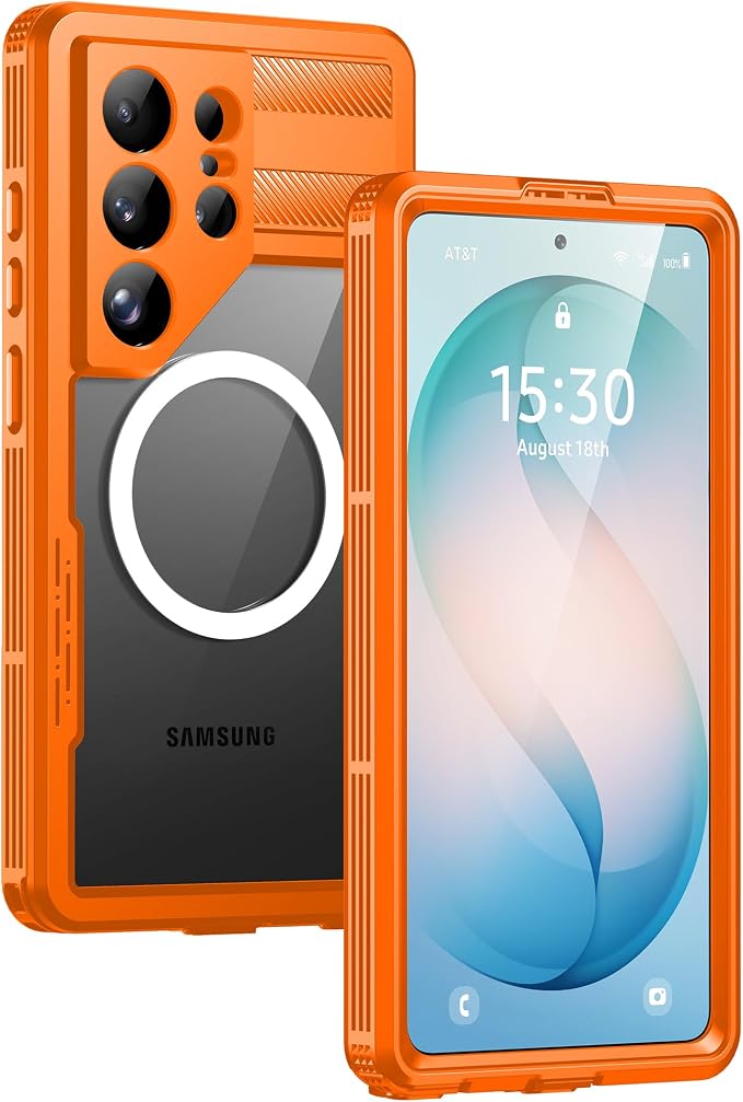 Lanhiem Magnetic for Samsung Galaxy S26 Ultra Case, IP68 Waterproof Dustproof Case, [Compatible with Magsafe] [Built-in Lens & Screen Protector] Full Body Shockproof Rugged Phone Case 6.9 inch, Orange