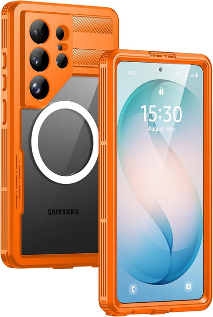 Lanhiem Magnetic for Samsung Galaxy S26 Ultra Case, IP68 Waterproof Dustproof Case, [Compatible with Magsafe] [Built-in Lens & Screen Protector] Full Body Shockproof Rugged Phone Case 6.9 inch, Orange
