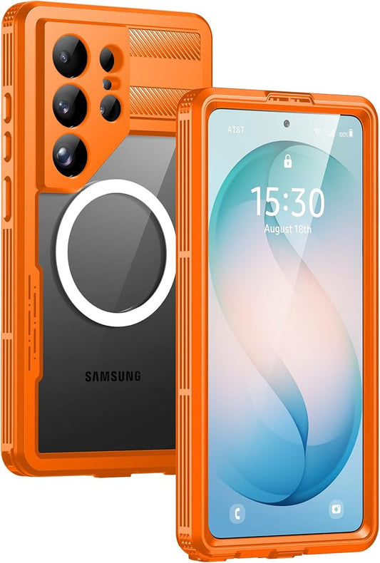 Lanhiem Magnetic for Samsung Galaxy S26 Ultra Case, IP68 Waterproof Dustproof Case, [Compatible with Magsafe] [Built-in Lens & Screen Protector] Full Body Shockproof Rugged Phone Case 6.9 inch, Orange