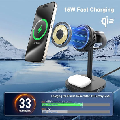 5 in 1 Qi2 Magnetic Wireless Charger Stand, 15W Fast Wireless Charging Station with Cooling Fan for iPhone 17/16/15/14/13/12, AirPods, Apple Watch - 65W Adapter & Retractable USB-C Cable Included