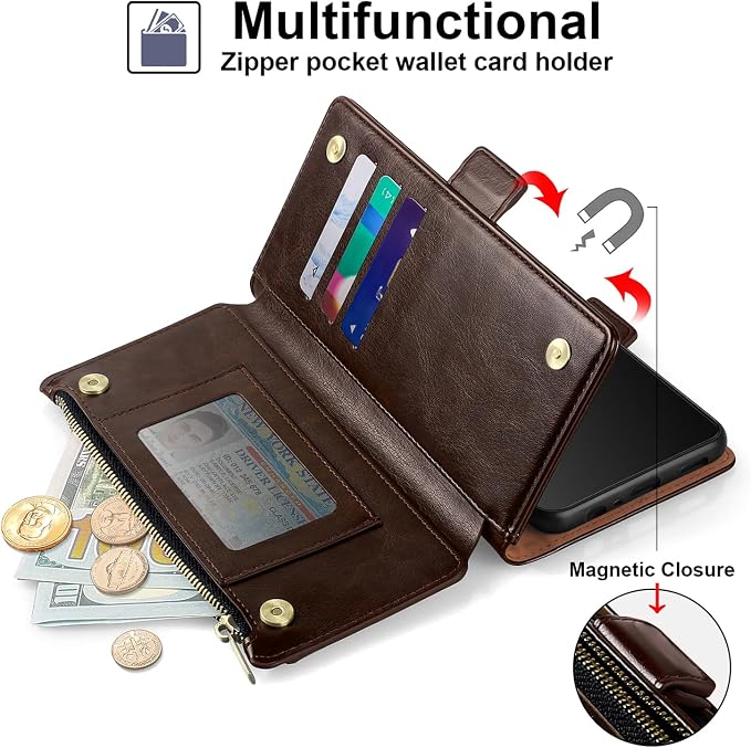 Antsturdy Compatible with iPhone 14 Wallet Case RFID Blocking,PU Leather Phone Case Women Men Flip Shockproof Cover with Wrist Strap Zipper Pocket Credit Card Holder Slots,for Apple 14 6.1" Coffee