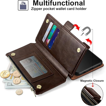 Antsturdy Compatible with iPhone 12 Wallet Case,RFID Blocking PU Leather Phone Case Women Men Kickstand Flip Cover Wrist Strap Zipper Credit Card Holder Slots,for Apple 12 Pro 6.1",Coffee