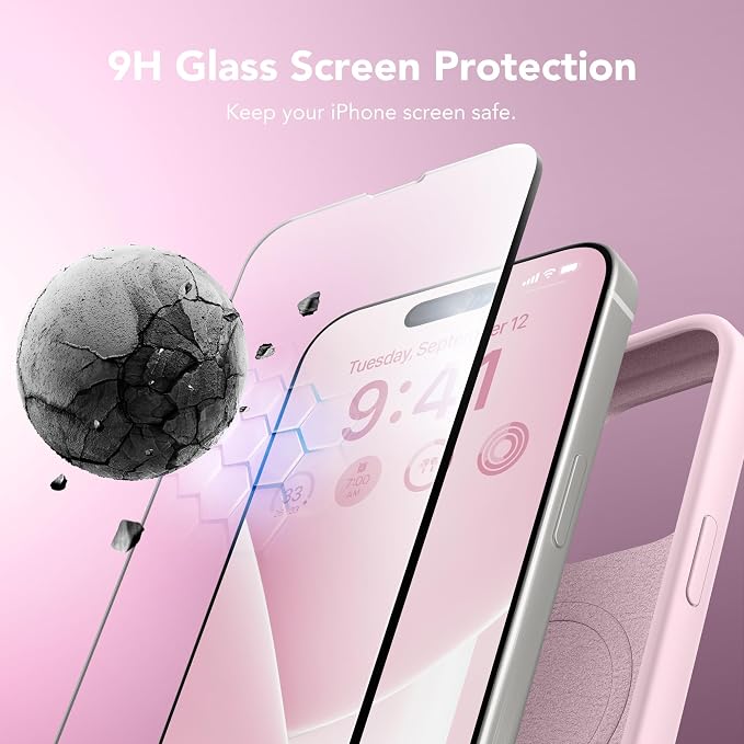 GONEZ for iPhone 14 Pro Max Case Silicone, Compatible with MagSafe, with Screen Protector + Camera Lens Protector, Liquid Silicone Shockproof Protective Phone 14 ProMax Case 6.7", Pastel Pink