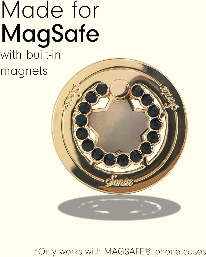 Sonix Magnetic Phone Grip and Phone Ring Holder - Compatible with MagSafe - Rotatable Kickstand and Phone Holder for iPhone 16, 15, 14, 13, 12 Series - Gold Star/Black Rhinestone